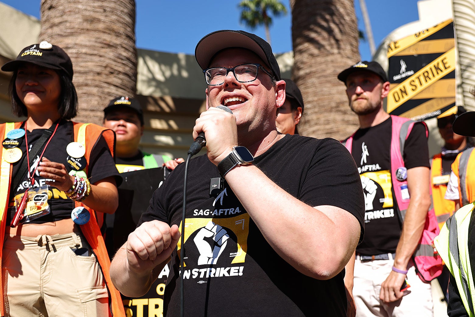 SAG-AFTRA National Executive Director and chief negotiator Duncan Crabtree-Ireland speaks at the conclusion of picketing outside Paramount Studios in Los Angeles.