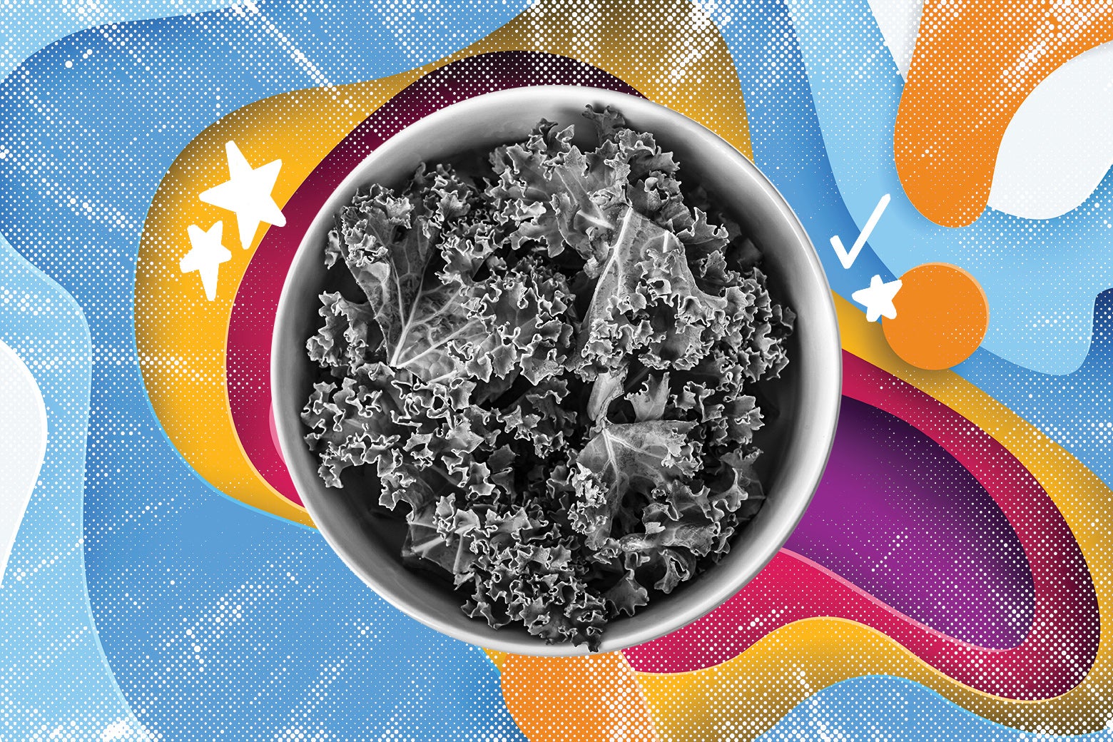 A bowl of kale against a colorful backdrop of stars and a check mark.