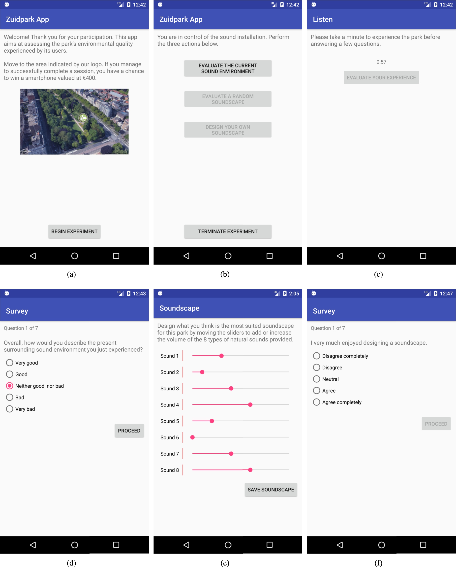 Screenshots of the smartphone app: (a) Introduction screen explaining the app. (b) The features of the app: evaluating the sound environment, evaluating an existing soundscape, or designing your own soundscape. (c) Before evaluation, the user was asked to listen to the sound environment for one minute; a timer counted down. (d) Survey about the sound environment. (e) The soundscape creation panel. (f) Survey about the user’s enjoyment with the soundscape creation process.