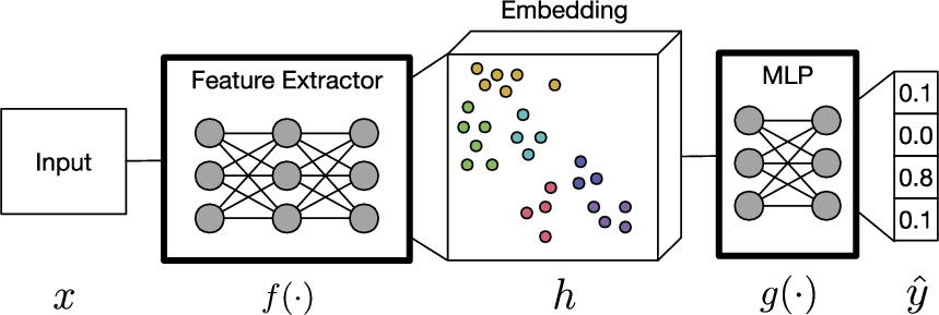 A DNN that takes x→ as input and predicts y→ˆ can be decoupled into a feature extractor f(·) with its embedding space h→ and a prediction task g(·).