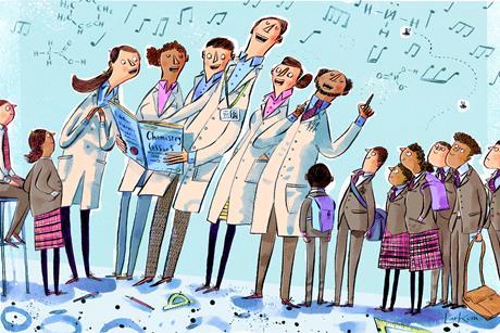 A cartoon of singing chemistry teachers and happy students