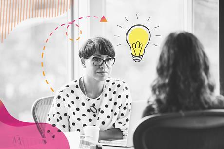 A black and white photograph of two women in conversation. The woman facing the camera is listening, with a laptop open in front of her. Around the photograph are some colourful shapes and an illustration of a lightbulb.