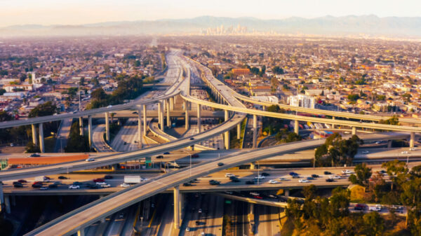 Aerial view of a freeway intersection in Los Angeles