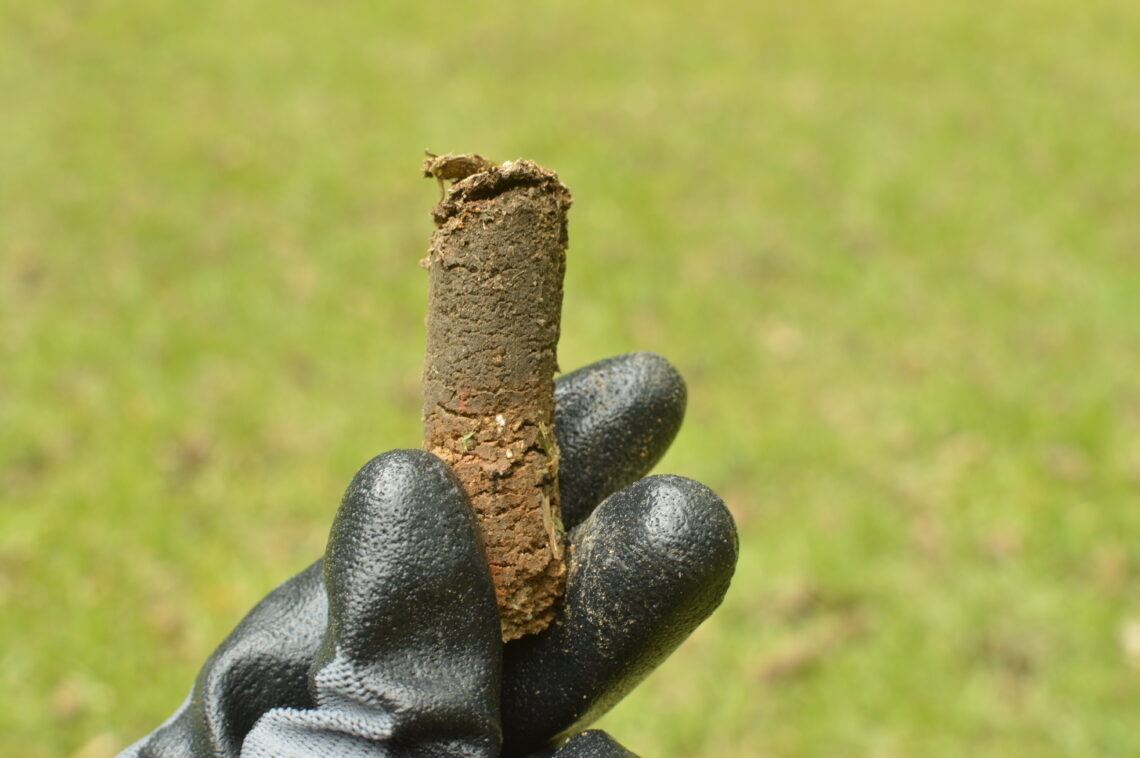 Hand holding lawn soil core from aerator after lawn core aeration