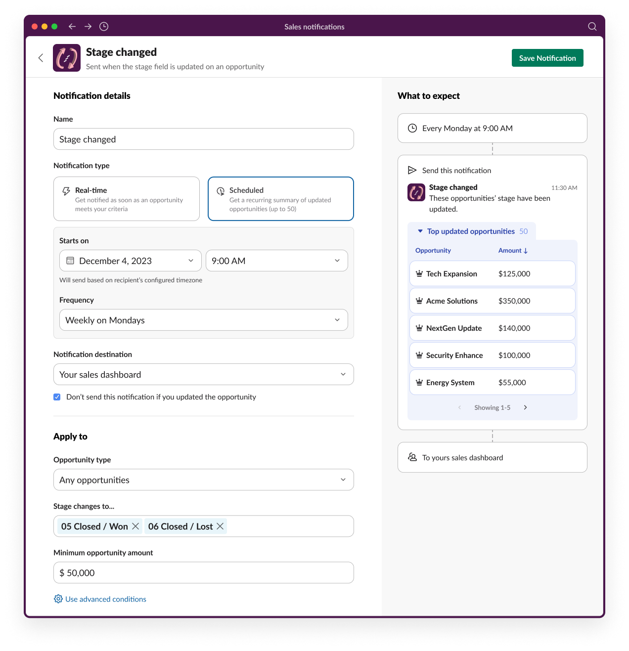 Sales Elevate deal stage changed admin notification setting