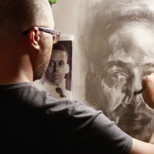 Artist Stephen Flemister works on E. E. Just portrait