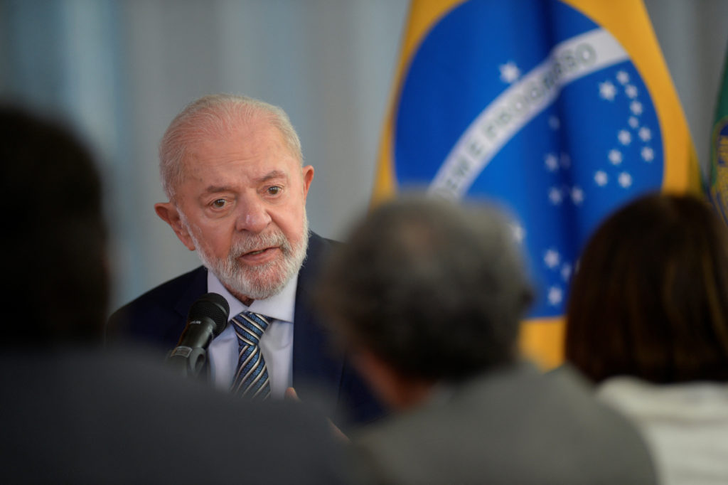 Brazilian President Luiz Inacio Lula da Silva speaks to foreign media at Planalto palace in Brasilia