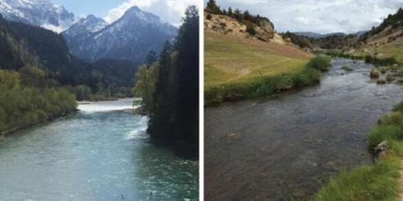 Two separate landscapes showing rivers flowing through them