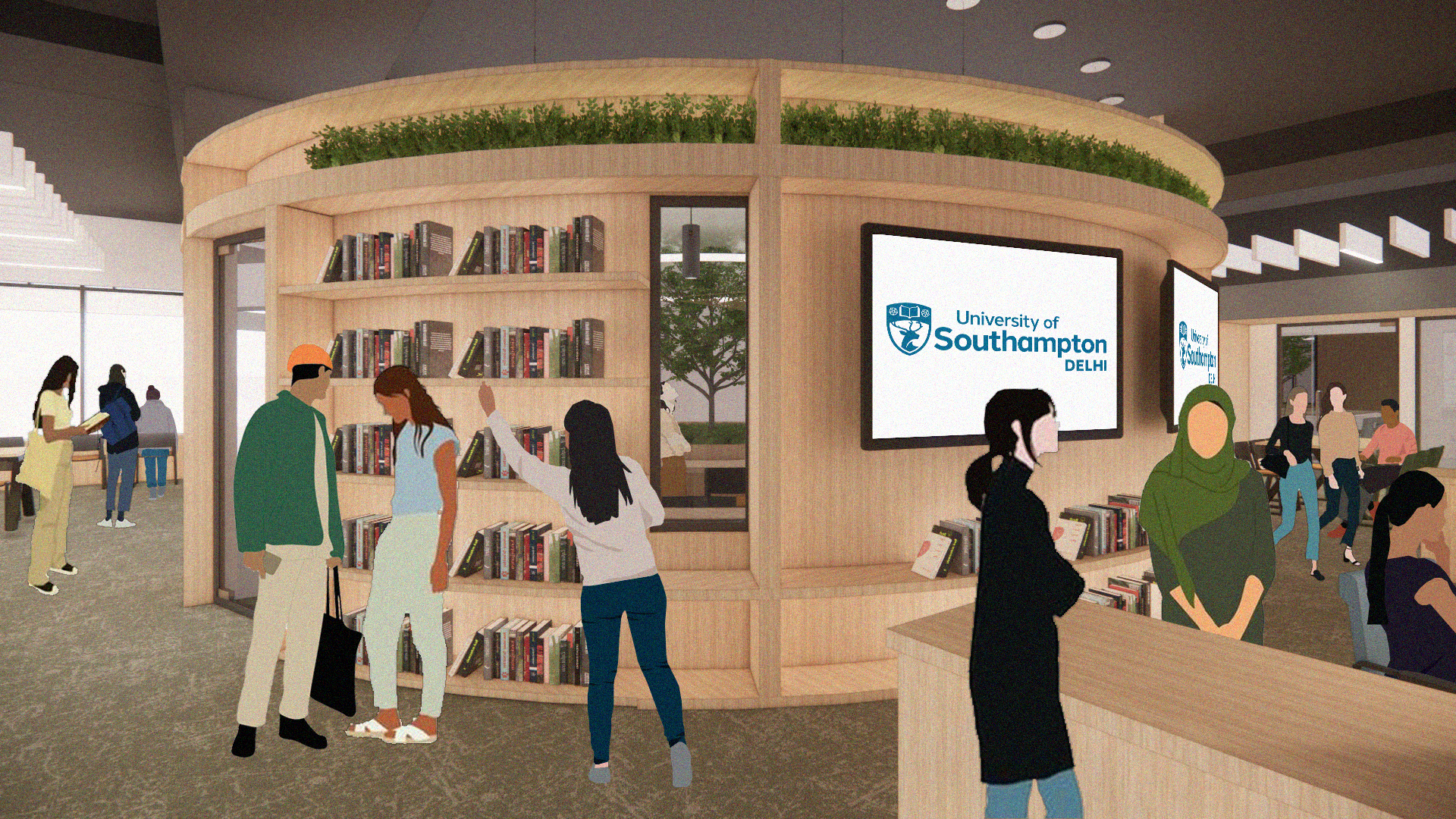 Architect's rendering showing the library and reception area of the campus