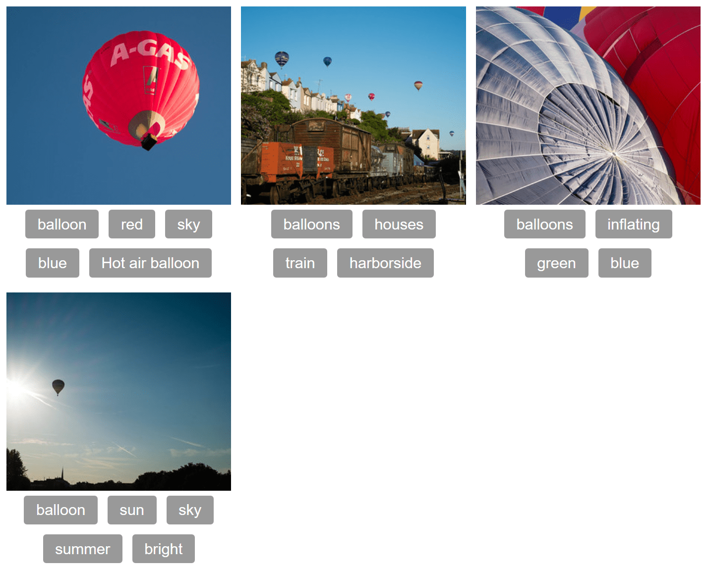 Zwei Reihen von Karten, jeweils mit einem Bild und einem Satz von Tags.