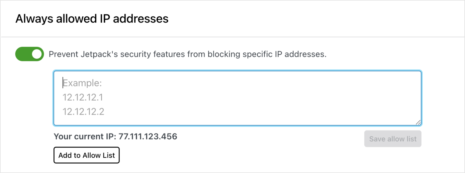 Jetpack ayarlarında Her zaman izin verilen IP adresleri alanını gösteren ekran görüntüsü.