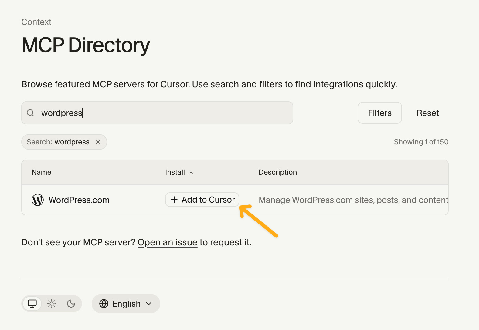 WordPress in the Cursor MCP directory