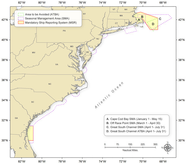 Locations of the Mandatory Ship Reporting systems, Area To Be Avoided, and speed restriction seasonal management areas.