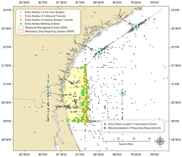 Locations of vessels reporting into WHALESSOUTH.