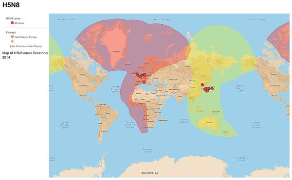 Bird migratory flyways and the December 2014 cases of H5N8 (Boere & Stroud, 2006).