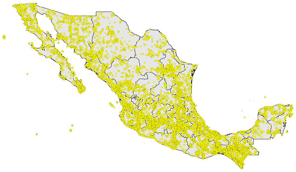 Digital accessible knowledge of bird distributions (481,409 unique combinations of species × place × time) across Mexico prior to 1980, drawn from GBIF, VertNet, REMIB, and UNIBIO (records are not coded by source owing to frequent overlaps among sources in serving copies of the same record).