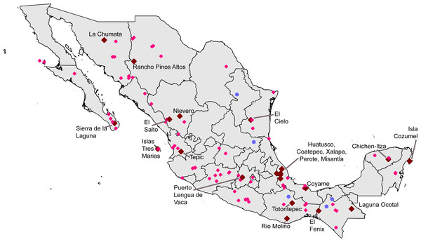 Distribution of single 0.05° grid squares for which >200 records were available and completeness (C) was 0.8 ≤ C < 0.9 (pink) or C ≥ 0.9 (brown).