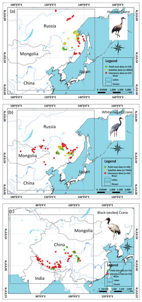 Detailed study areas showing the presence of and testing data used for the three cranes.