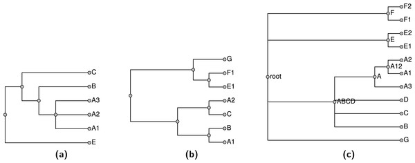 Input trees (A–B) and taxonomy tree (C).