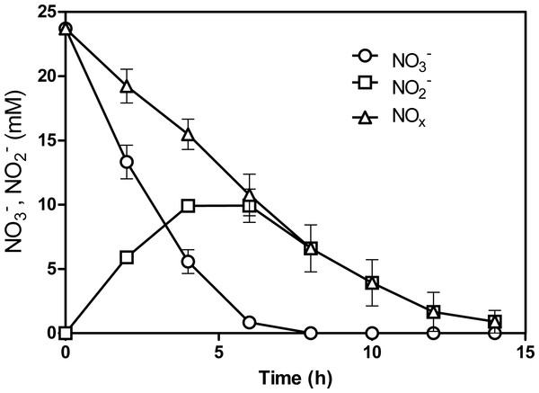 NO
                        
                        ${}_{3}^{-}$
                        
                           
                              
                              
                                 3
                              
                              
                                 −
                              
                           
                        
                      and NO
                        
                        ${}_{2}^{-}$
                        
                           
                              
                              
                                 2
                              
                              
                                 −
                              
                           
                        
                      reduction by the acclimated biofilm.