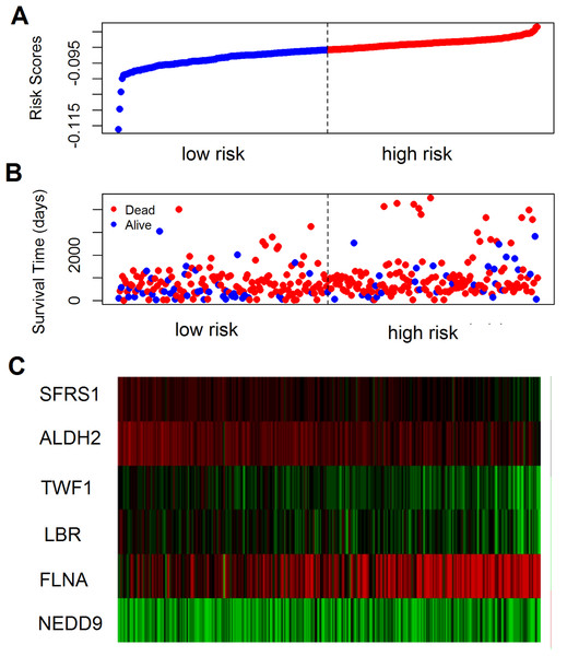 The prognostic performance of the six-gene signature of colon cancer.