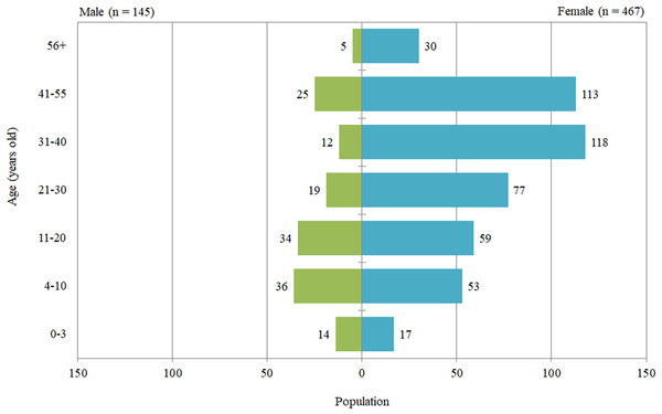 Number of male and female elephants in each age group.