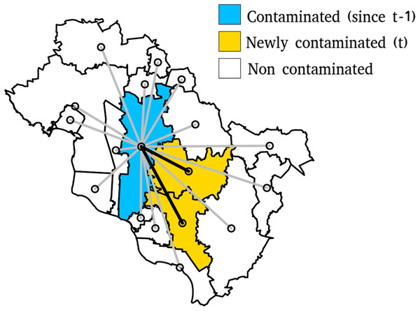 Euclidean Distances between contaminated municipalities a time t − 1 and contaninated and non contaminated municipalities at time t. Other types of distance will be calculated using the same sets of municipalities.