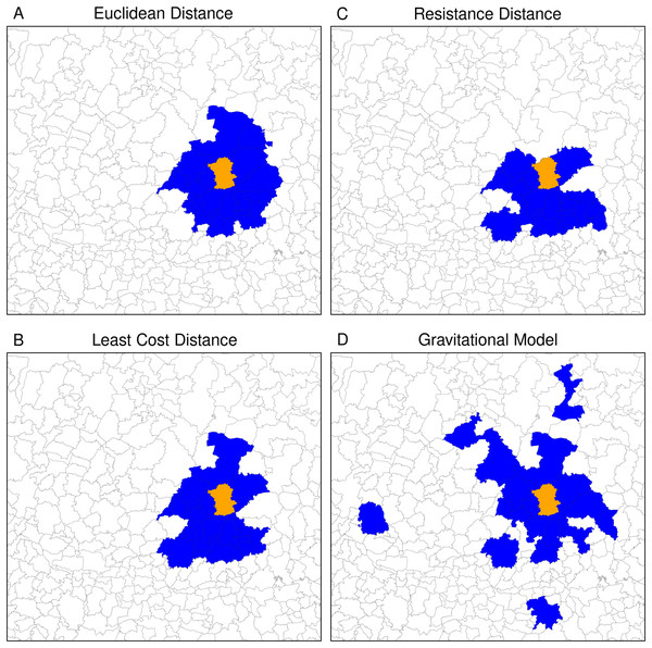 Twenty nearest neighbours (blue polygons) of Guanajuato (orange polygon) based on the different types of distance.