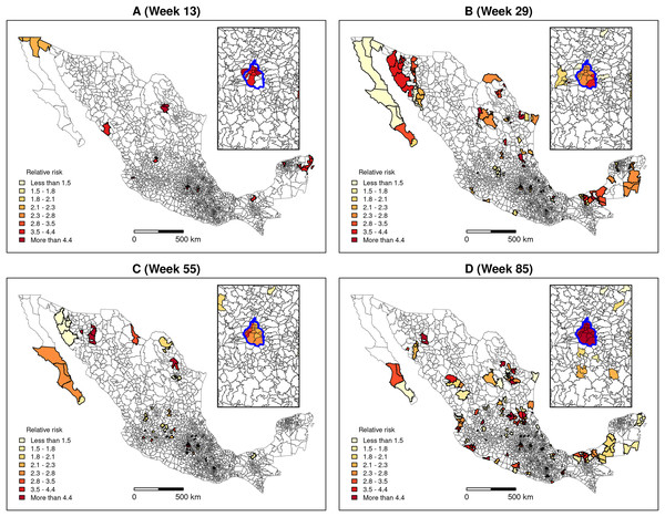 Clusters and relative risk at different dates.