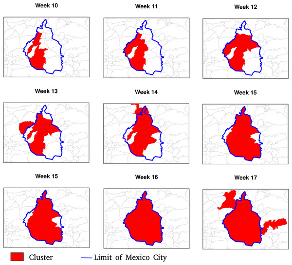 Patterns of contagion in Mexico City (blue boundary) and its surrounding area during weeks 9 to 17.