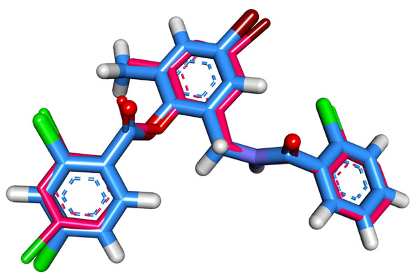 Superimposition of the docked pose (blue) and the co-crystallized one (pink) inside of the active site of LasR protein with an RMSD value 0.40 Å.