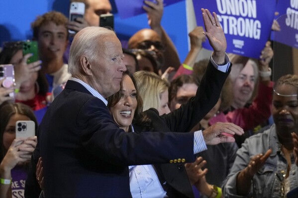 Democratic presidential nominee Vice President Kamala Harris campaigns with President Joe Biden at the IBEW Local Union #5 union hall in Pittsburgh, on Labor Day, Monday, Sept. 2, 2024. (AP Photo/Jacquelyn Martin)