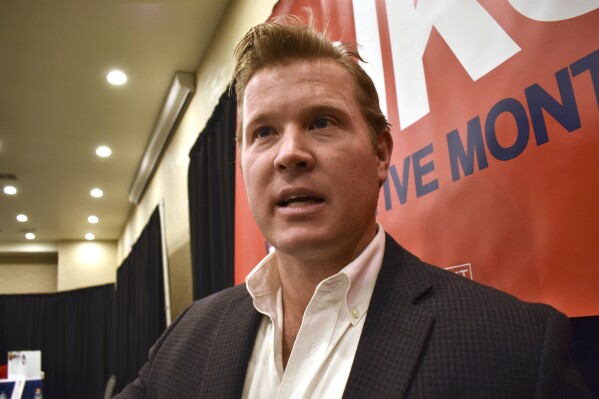 FILE - U.S. Senate candidate Tim Sheehy talks about his campaign, Friday, Feb. 9, 2024, in Helena, Mont. Sheehy is seeking the Republican nomination to challenge U.S. Sen. Jon Tester in the November election. (AP Photo/Matthew Brown, File)