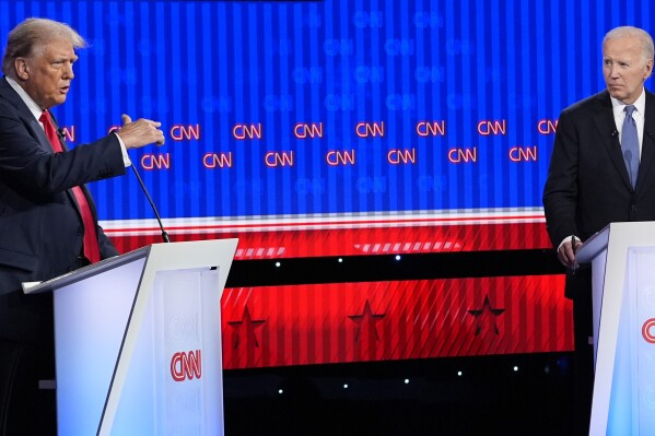 FILE - Republican presidential nominee former President Donald Trump speaks during a presidential debate hosted by CNN with President Joe Biden, June 27, 2024, in Atlanta. (AP Photo/Gerald Herbert, File)