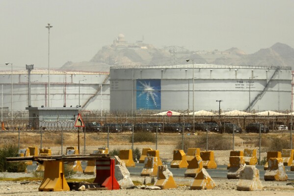 FILE - Storage tanks are seen at the North Jeddah bulk plant, an Aramco oil facility, in Jeddah, Saudi Arabia, on March 21, 2021. (AP Photo/Amr Nabil, File)