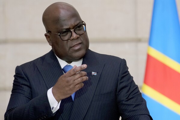 FILE - Congo's President Felix Tshisekedi speaks during a news conference at the Elysee Palace in Paris, April 30, 2024. (AP Photo/Christophe Ena, File)