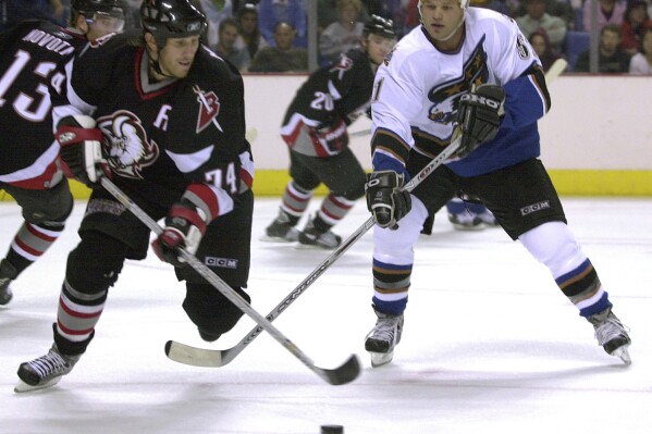 FILE - Buffalo Sabres defenseman Jay McKee (74) tries to avoid a stick-check by Washington Capitals right-winger Stephen Peat (51) as he skates up ice during the first period at the HSBC Arena in Buffalo, N.Y., Sept. 17, 2005. (AP Photo/Don Heupel, File)