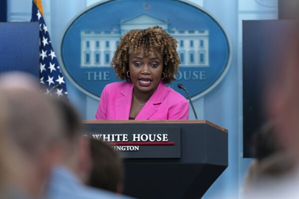 White House press secretary Karine Jean-Pierre speaks during the daily briefing at the White House in Washington, Thursday, Sept. 12, 2024. (AP Photo/Jose Luis Magana)