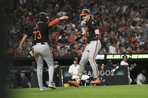 Baltimore Orioles' Gunnar Henderson, right, celebrates with Livan Soto after he hit a two-run home run in the seventh inning of a baseball game against the Detroit Tigers, Saturday, Sept. 14, 2024, in Detroit. (AP Photo/Jose Juarez)