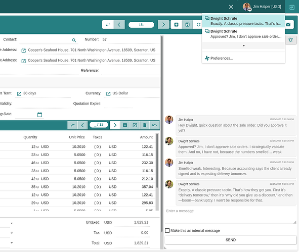 Conversation between Jim and Dwight on a sale order