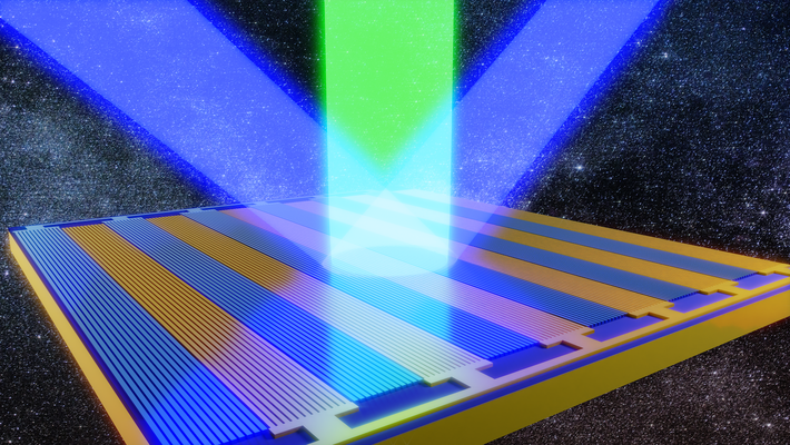 An artistic rendering of a striped metasurface with green light representing the incident beam and two beams of blue light coming off representing light of different frequencies. There is a space-like background.