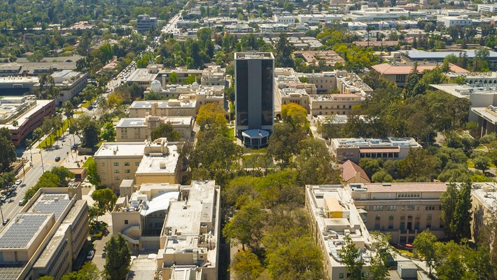 An aerial image of campus centered on Caltech Hall