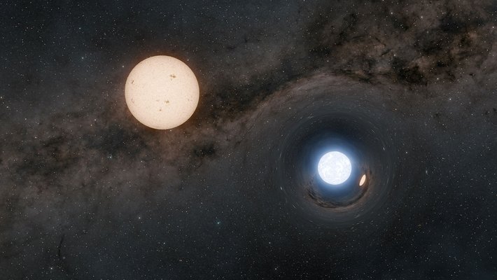 This illustration depicts a binary star system consisting of a dense neutron star and a normal Sun-like star (upper left).