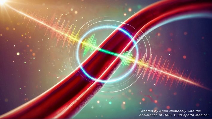 A graphic representation of the new method, called resonance sonomanometry, uses sound waves to gently stimulate resonance in an artery and then uses ultrasound imaging to measure the artery's resonance frequency, arriving at a true measurement of blood pressure.