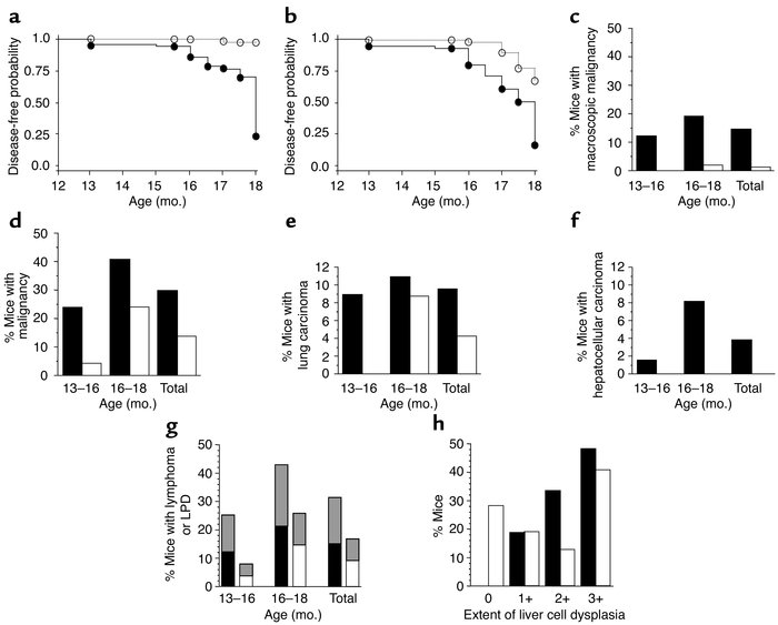 Increase in the frequency of spontaneous malignancies (a–g) and accelera...