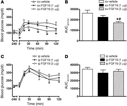 Effect on glucose tolerance of a single injection FGF19 given either cen...