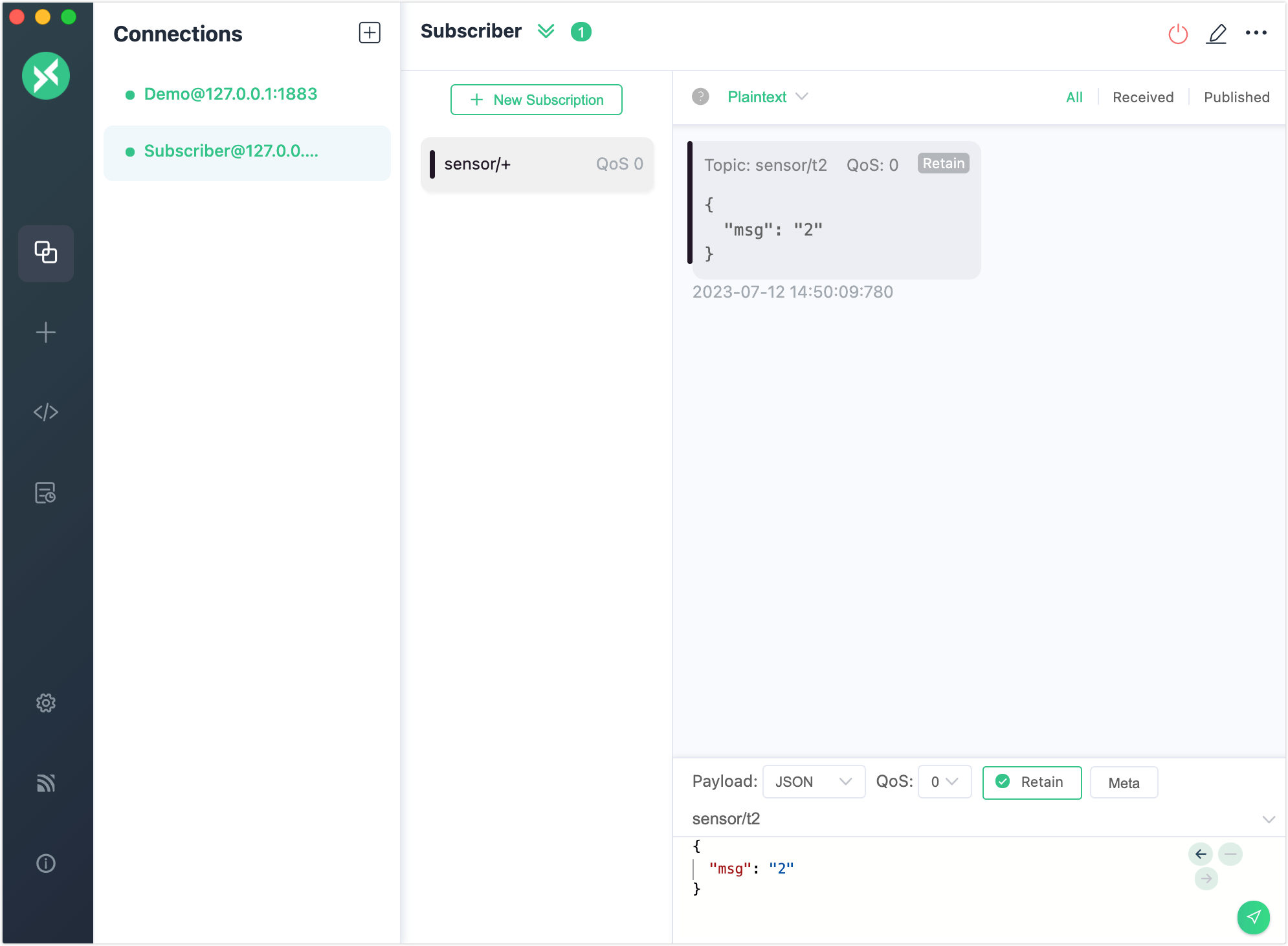 リテインドメッセージの受信