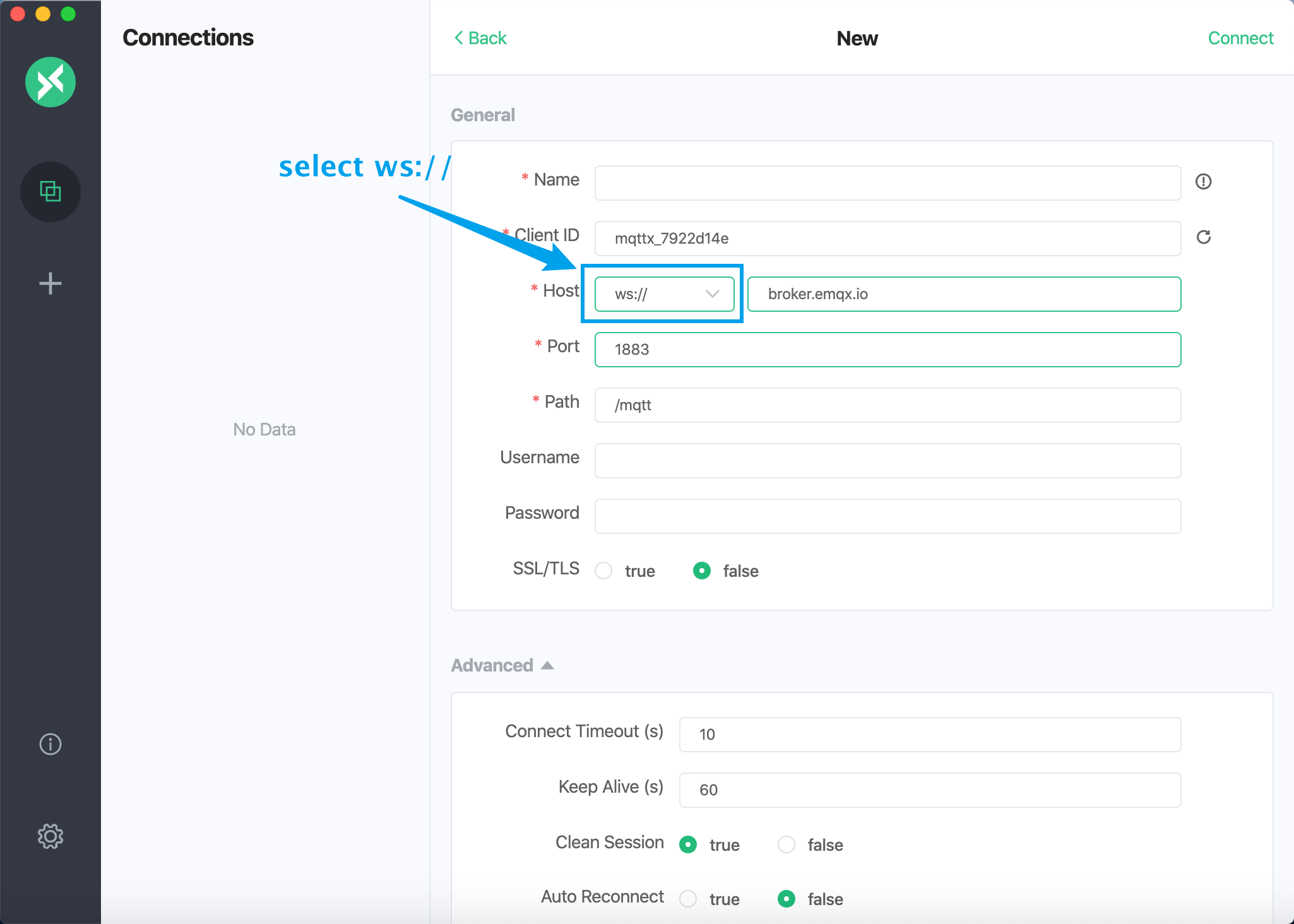 MQTTX uses WS protocol