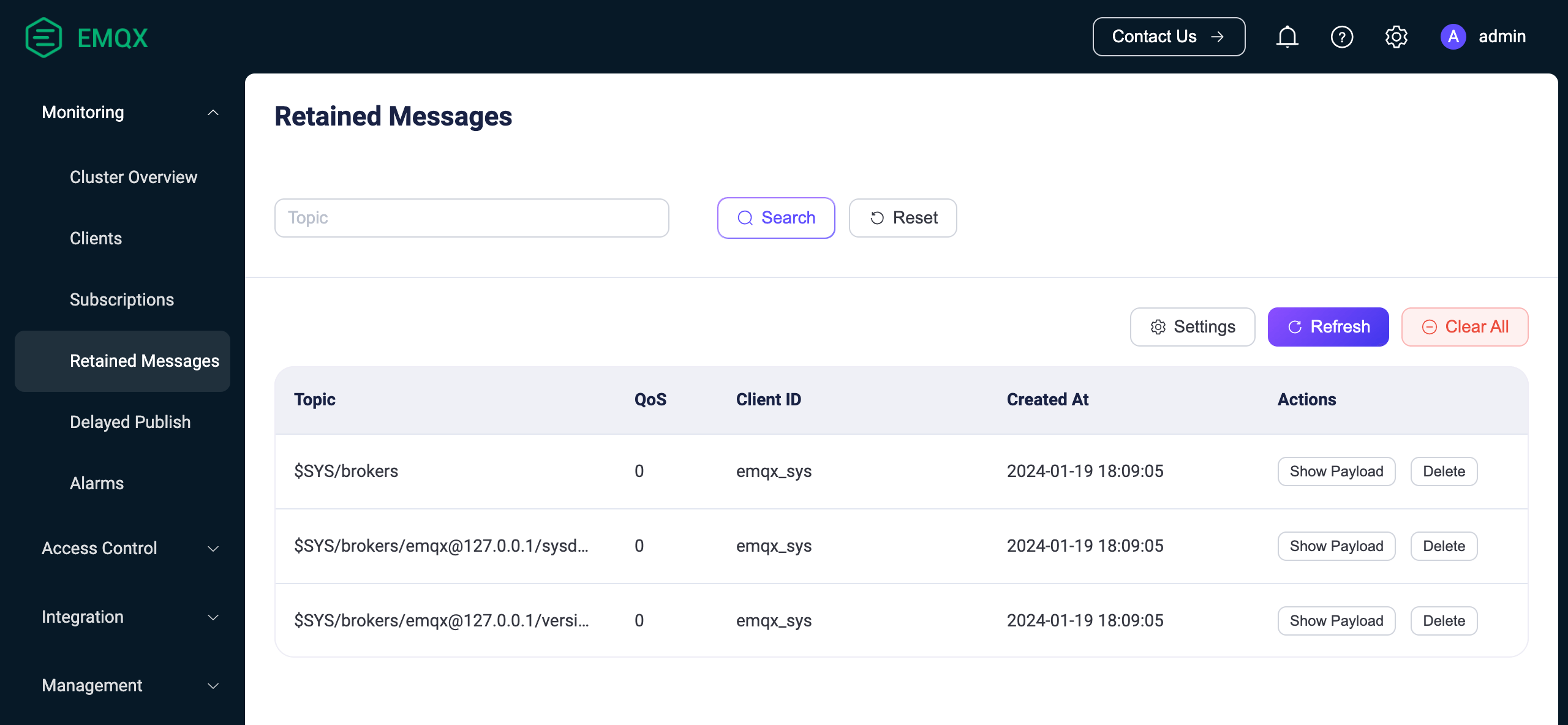 リテインドメッセージ一覧