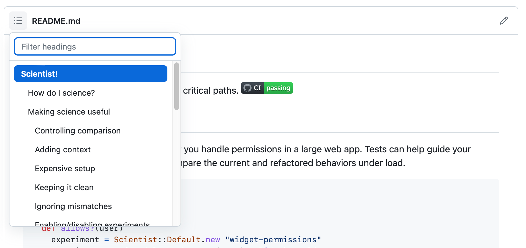 Screenshot of the README for a repository. In the upper-left corner, a dropdown menu, labeled with a list icon, is expanded to show a table of contents.